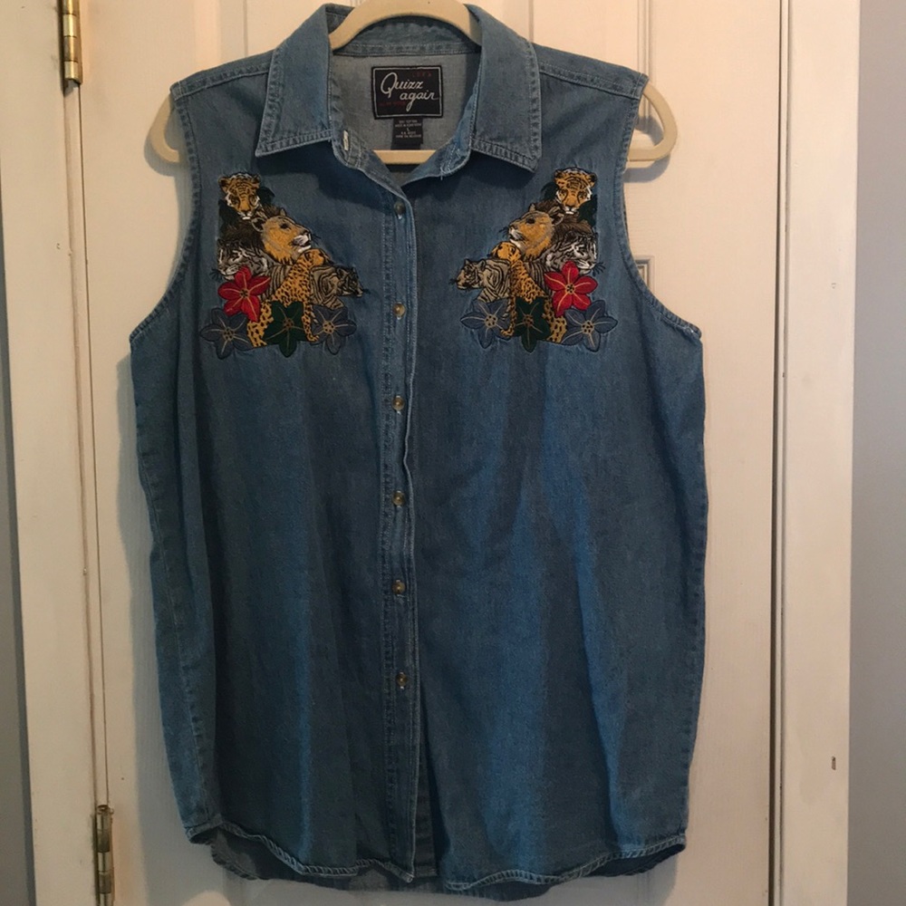 Vintage Embroidered Denim Sleeveless Button Down  Wild Cats And Flowers